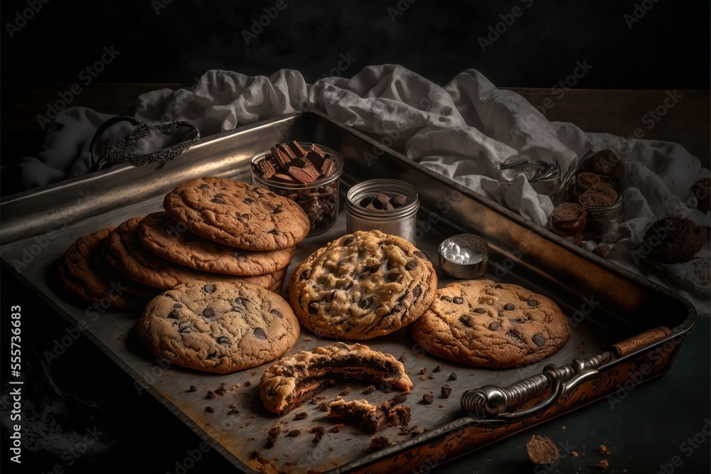 Poster a tray of cookies and a cookie cutter on a table with a cloth and a spoon on it and a jar of nuts. g