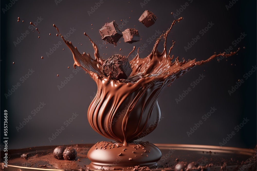 Poster a chocolate splashing into a chocolate cup on a table with chocolate cubes falling out of it and cho