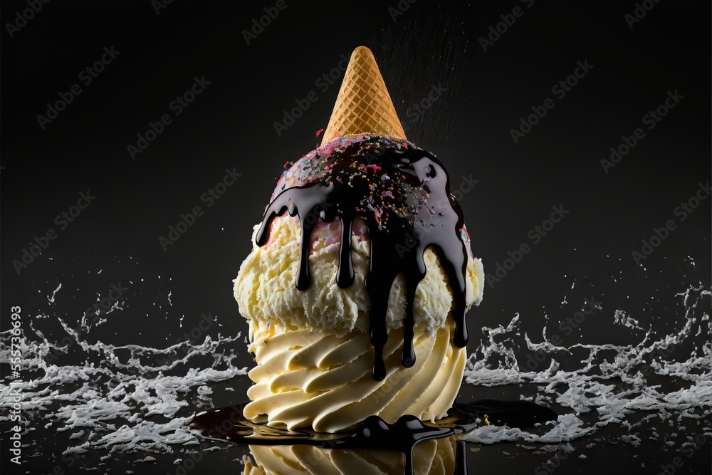 Poster a ice cream cone with chocolate and sprinkles on top of it. generative ai