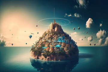 Obraz premium A wireless communication network and smart city are shown on a fantasy island that is floating in the air. Generative AI