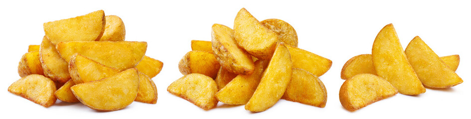 Collection of delicious potato wedges, isolated on white background