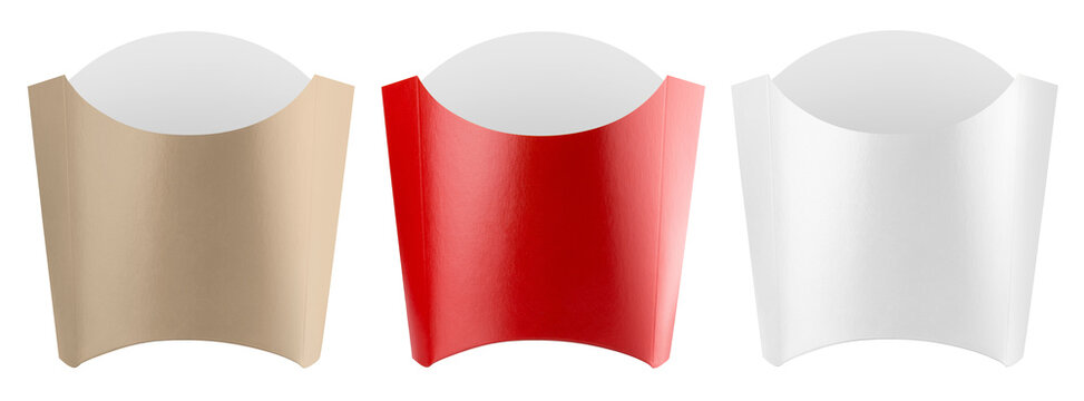 Set of empty carton package boxes for nuggets, potato fries or wedges, isolated on white background