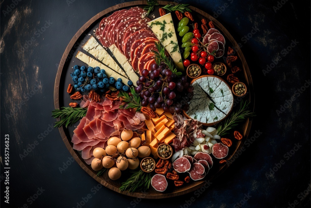 Poster a platter of meats and cheeses on a table top with a knife and fork in it. generative ai