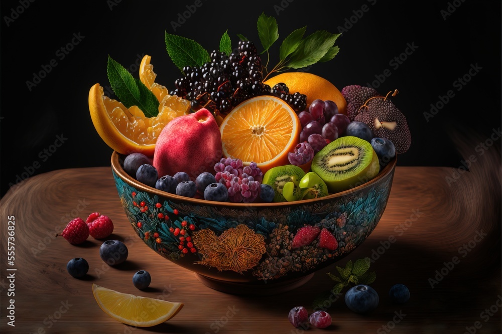 Aufkleber a bowl of fruit is shown on a table with a slice of lemon and a slice of orange in it. generative ai