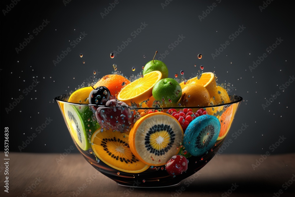 Poster a bowl of fruit is being tossed with water and sugar on a table top with a black background and a bl
