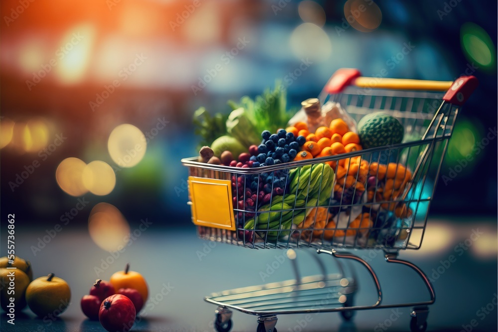 Poster a shopping cart filled with lots of different fruits and vegetables on a table next to a pile of ora