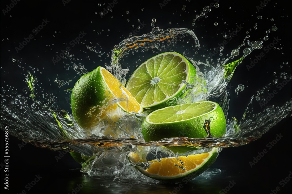 Poster a group of limes with water splashing on them and on the ground. generative ai