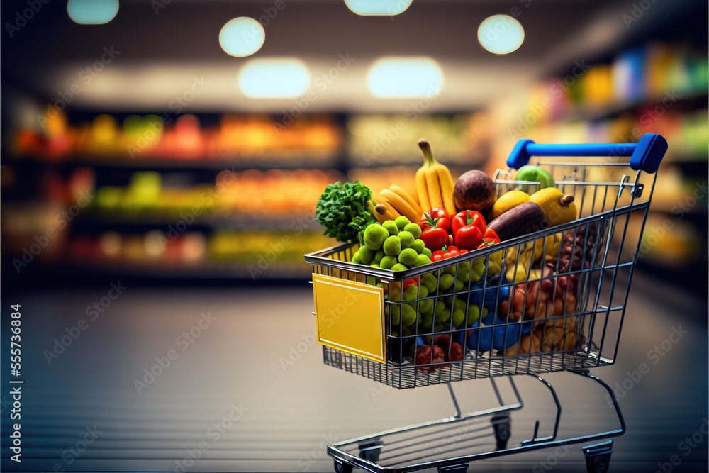 Poster a shopping cart filled with lots of different types of fruits and vegetables in a store aisle with a