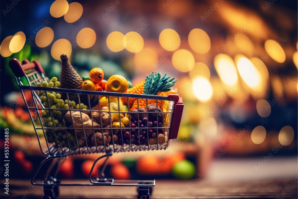 Poster a shopping cart filled with lots of different types of fruits and vegetables in a store display area