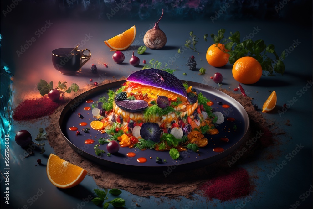 Poster a plate of food with oranges and other food items around it on a table with a blue background. gener