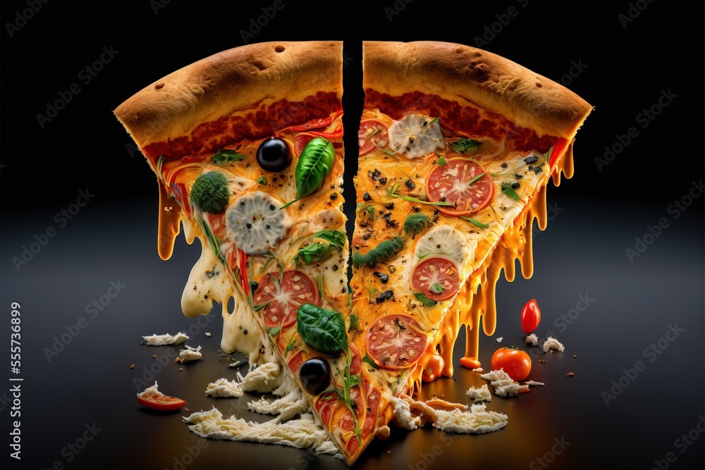 Poster a slice of pizza with toppings and melted cheese on it's side. generative ai