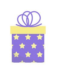 Birthday present with stars. Purple gift box with bow. Flat, cartoon, vector