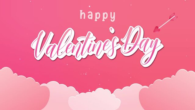 happy valentines day lettering with paper cut style pink clouds and hearts