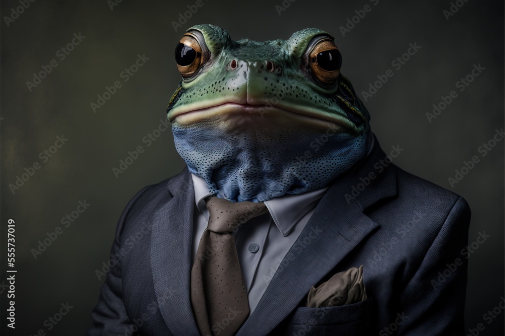 Poster a frog in a suit and tie with a dark background and a dark background behind it. generative ai
