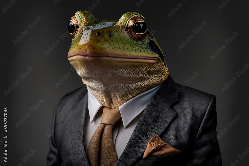 Poster a frog in a suit and tie with a dark background and a black background with a black background and a