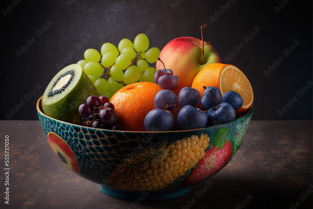 Poster a bowl of fruit is shown on a table top with a dark background and a black background behind it. gen