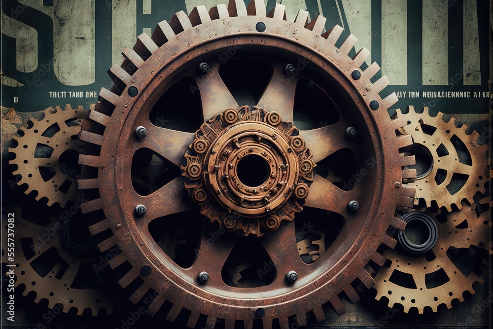 Poster a close up of a large metal object with gears on it's side and a green background with a black strip