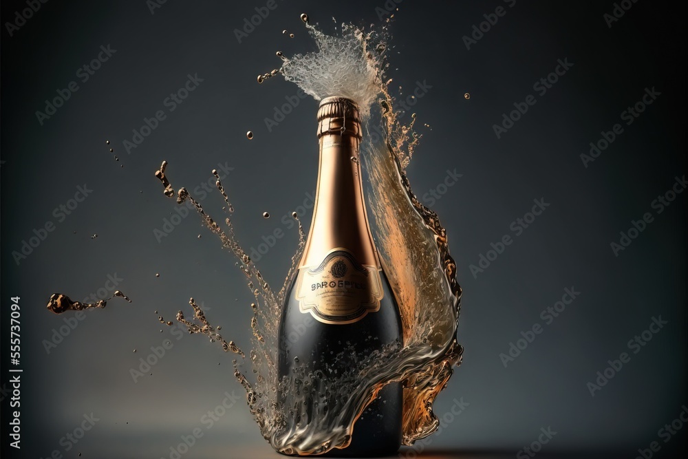 Poster a bottle of champagne is being splashed with water on a dark background with a splash of water on th