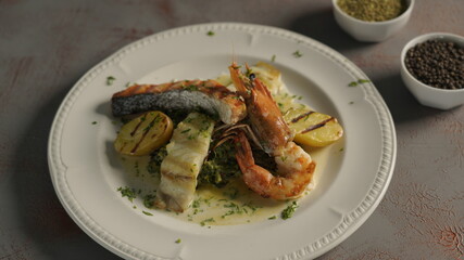 fried salmon dish with shrimp