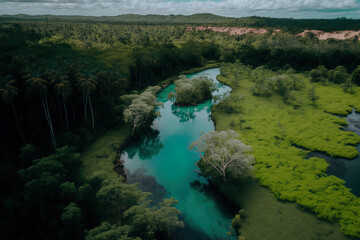 Fototapeta na wymiar a vast, green grass forest with tall trees and a wide, blue, bendy river running through the forest in the Philippine island of Bohol, as seen from a drone. Generative AI