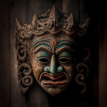 Old Wood Hindu Mask, Cracked, Used. Image Of Hindu God Carved On Wood. AI Generated Photorealistic Image Of An Old Wooden Mask. Digital Art