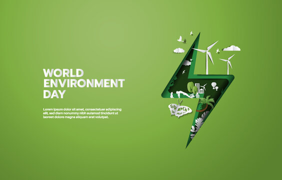 World Environment Day, green city save planet of people and living things and energy concept, paper illustration and 3d paper.