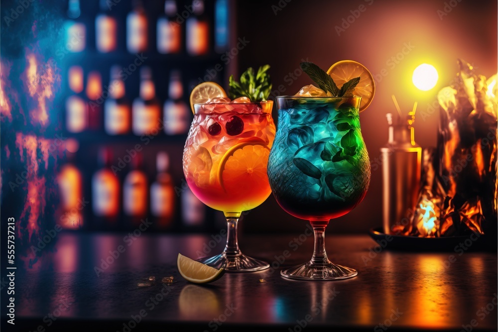 Aufkleber three different colored drinks sitting on a table next to a bottle of alcohol and a candle in the ba