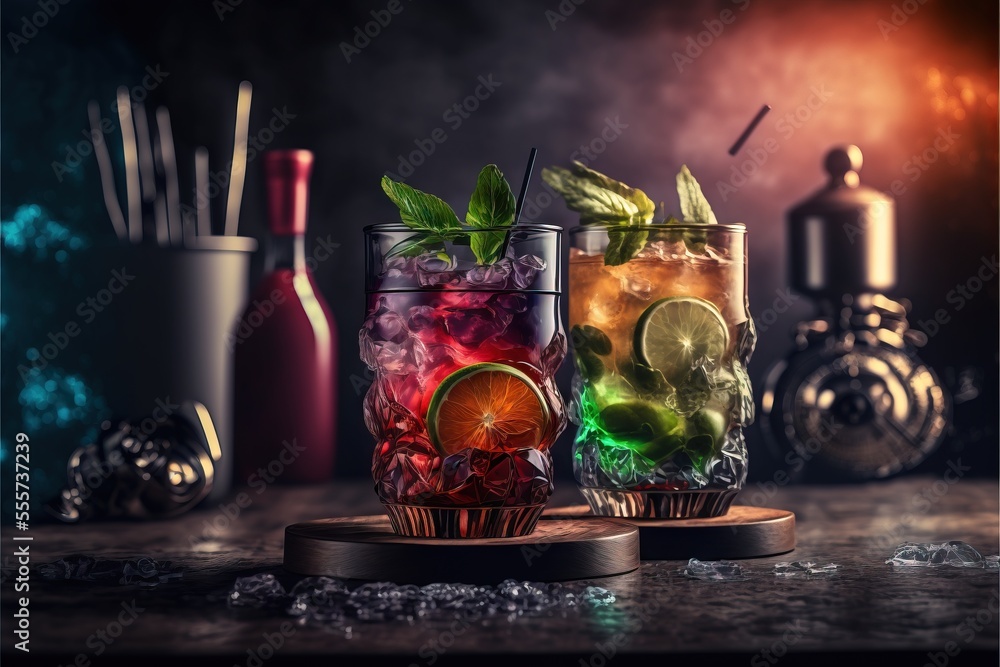 Poster two glasses of different colored drinks on a table with bottles and a clock in the background and a 