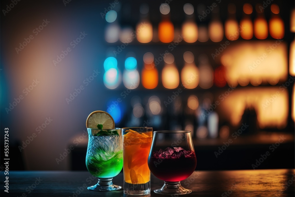 Poster three different colored drinks sitting on a bar top next to each other on a table with bottles in th