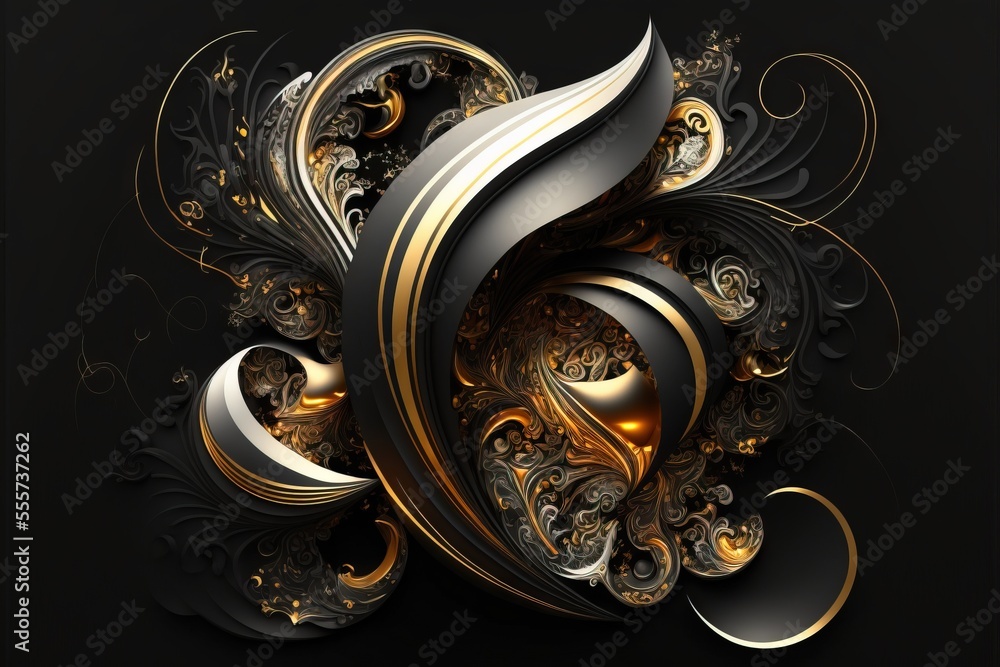 Poster a black and gold abstract design with swirls and swirls on a black background with a black backgroun