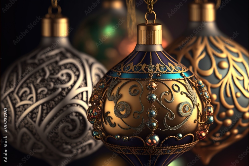 Poster a group of ornaments hanging from a string on a wall in a room with lights in the background and a b