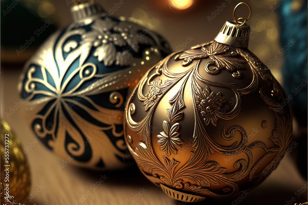 Poster three shiny christmas ornaments on a table with a blurry background and a gold frame around them. ge