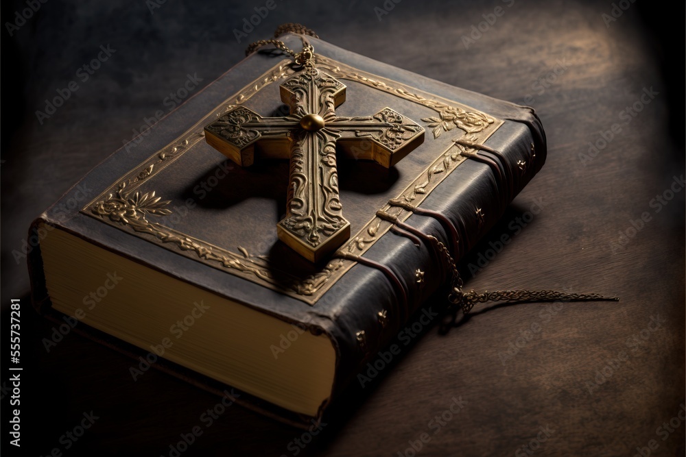 Poster a cross on a book on a table with a chain around it's edge and a bookmark. generative ai