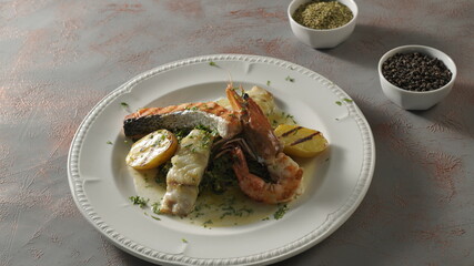 fried salmon dish with shrimp