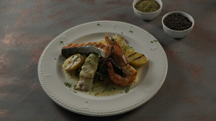 fried salmon dish with shrimp