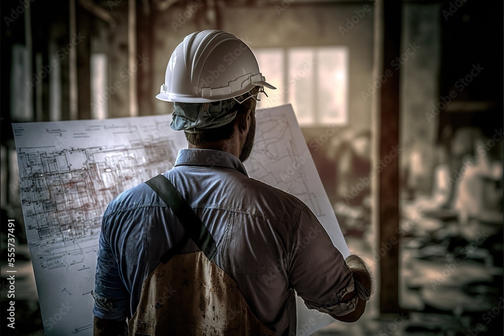 Poster a man in a hard hat is looking at plans in a building under construction with a hard hat on. generat