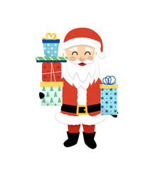 Santa with pile of gifts. Santa Claus is carrying presents for children. Flat, cartoon, vector