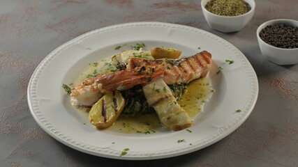 fried salmon dish with shrimp