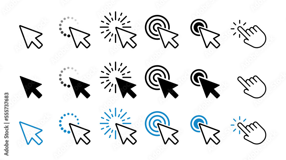 Poster computer mouse click cursor black, white and blue arrow icons set. vector