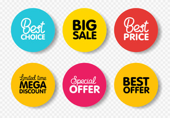 Set labels with inscription sale. Vector flat illustrations. Ad or promo. Shopping concept. Promotion price label mega sale, shop now, special discount, big sale, limited time only, last chance.