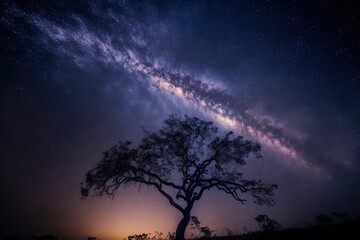 Fototapeta na wymiar A tree's silhouette and the Milky Way in Phu Hin Rong kla National Park Thailand's Phitsanulok long exposure image with grain. Generative AI