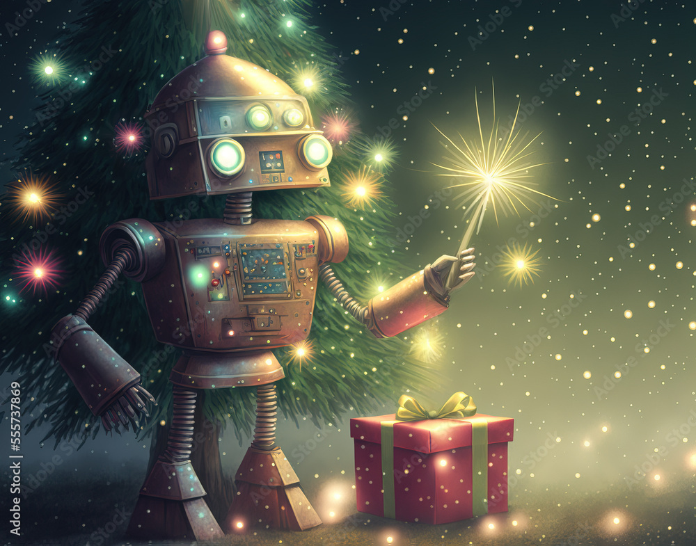 Poster retro robot stands in front of christmas tree holding a sparkler. generative ai illustration