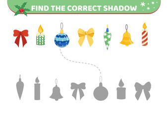 Christmas ornaments. Find the correct shadow. Shadow matching game. Christmas decor. Cartoon, vector