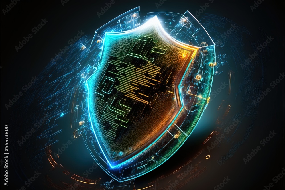 Poster a shiny shield with glowing lights on it's side and a black background with a blue and yellow glow. 