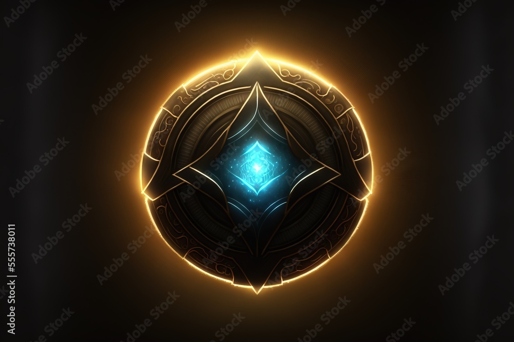 Poster a glowing blue and yellow circular object with a black background and a yellow light in the center o