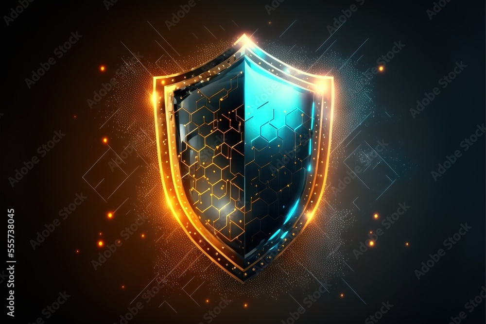 Poster a shiny blue and yellow shield with glowing lights on it's sides and a black background with a patte