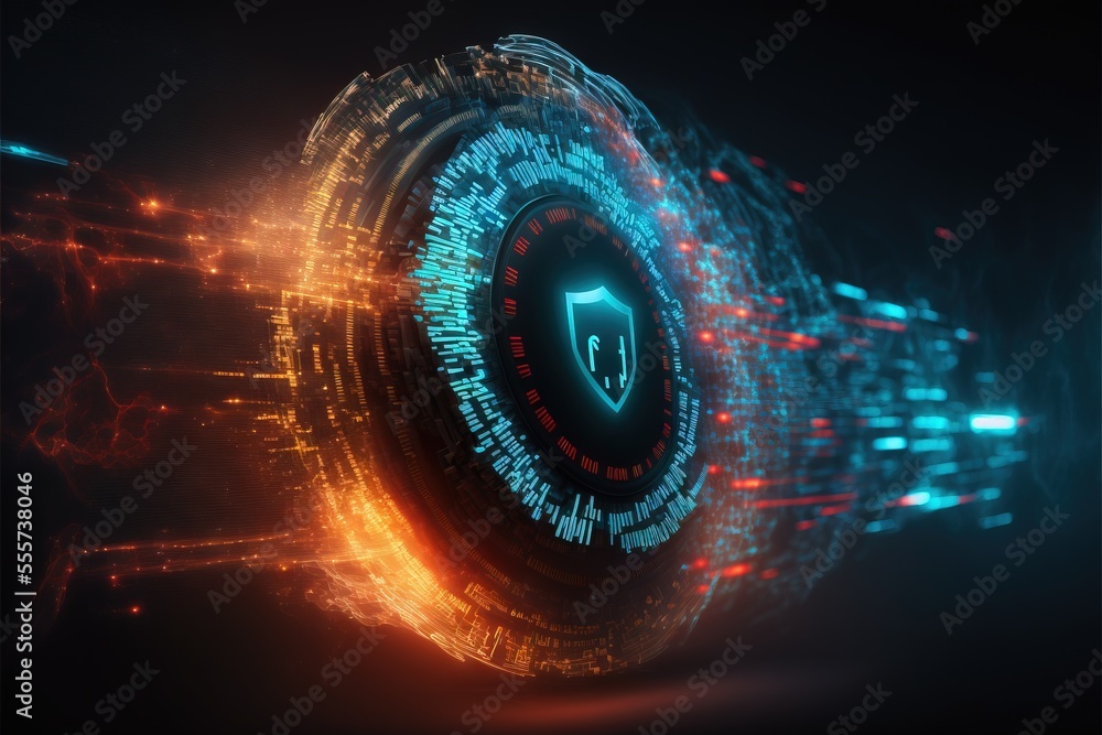Poster a futuristic image of a shield with glowing lights and a dark background with a glowing circle of wo