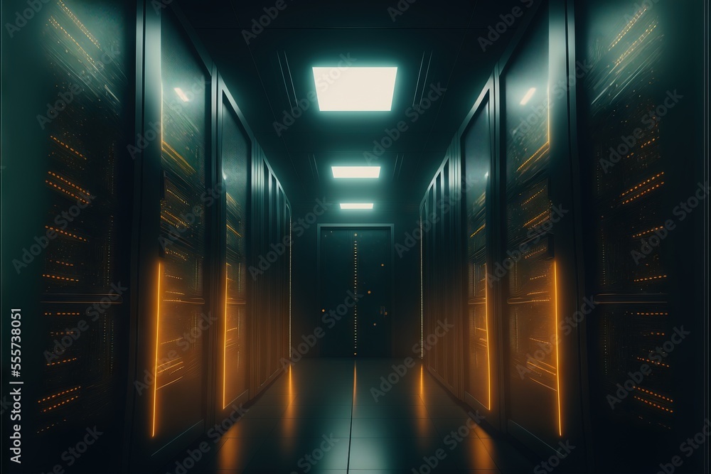 Poster a long hallway with rows of servers in it and a bright light coming from the ceiling above the rows.