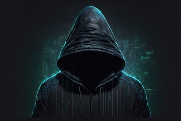  a hooded man in a dark hoodie with a green background and a city skyline in the background with lines. Generative AI