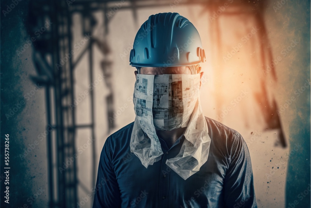 Poster a man wearing a hard hat and a protective mask with a building background in the background with a l